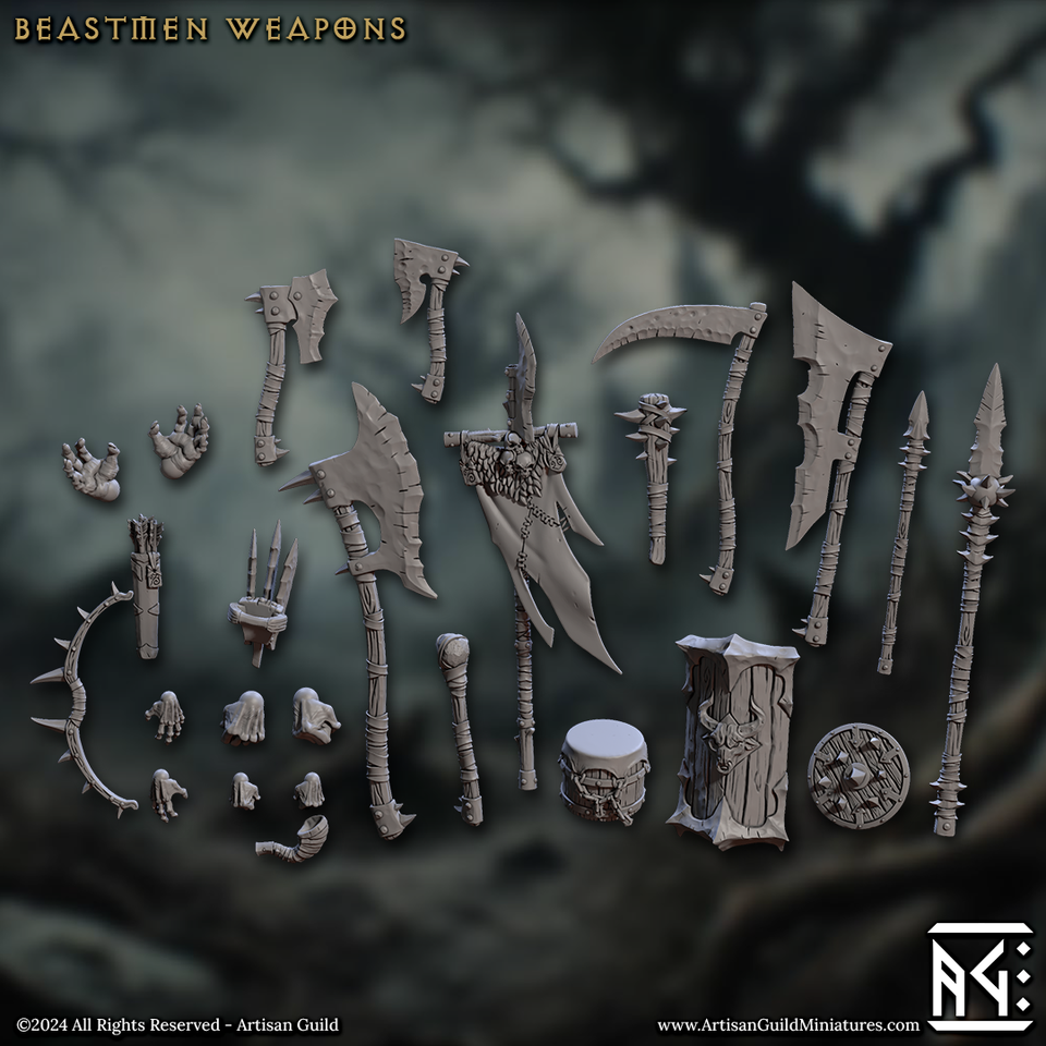 3D Printed Artisan Guild Beastmen Standalone Weapons Hands Rise of the Beastmen Set 28mm 32mm