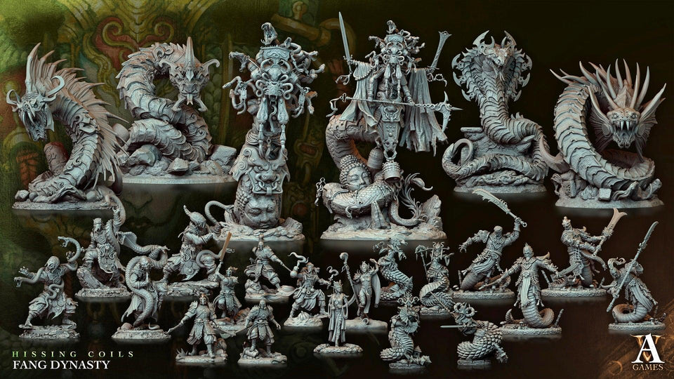 3D Printed Archvillain Games Hissing Coils - Fang Dynasty Coilsong Siren 28 32mm D&D - Charming Terrain