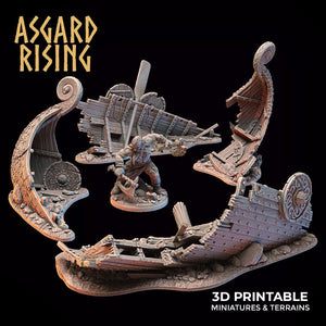 3D Printed Asgard Rising Drakkar Snekkar Ship Wreck Set 28 32 mm Wargaming DnD - Charming Terrain