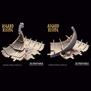 3D Printed Asgard Rising Expedition Drakkar Ship Collision Set 28 32 mm Wargaming DnD - Charming Terrain