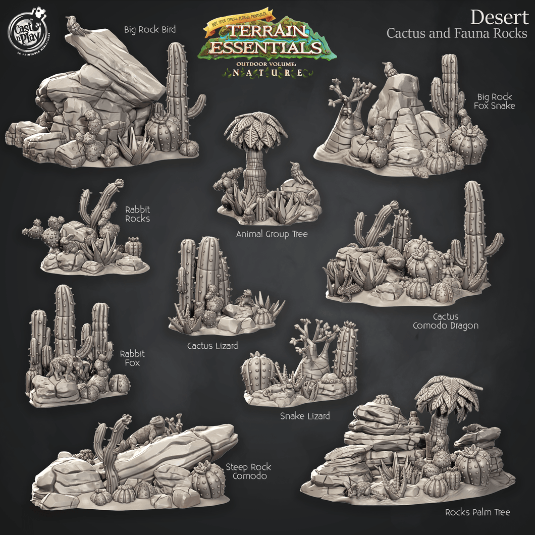 3D Printed Cast n Play Cactus, Fauna and Rocks Desert Terrain Set Terrain Essentials Nature 28mm 32mm D&D - Charming Terrain