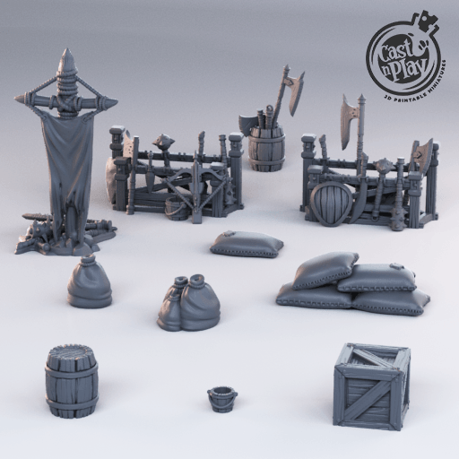 3D Printed Cast n Play - Camp Weapons and Props 28mm 32mm D&D - Charming Terrain