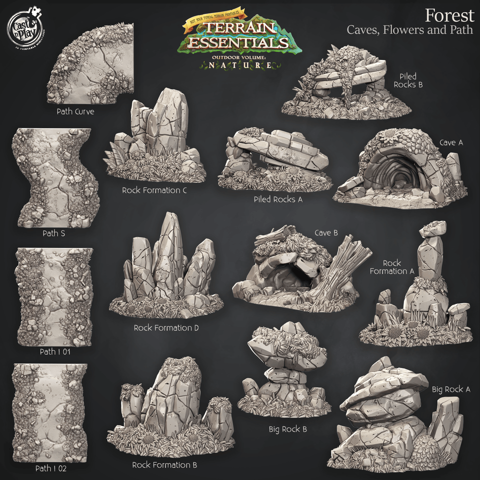 3D Printed Cast n Play Caves, Flowers and Path Forest Terrain Set Terrain Essentials Nature 28mm 32mm D&D - Charming Terrain