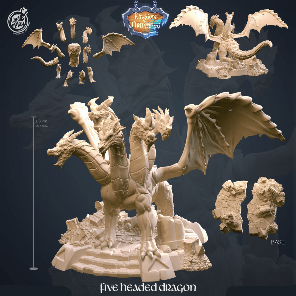 3D Printed Cast n Play Five Headed Dragon Kingdom Of Thamarya 28mm 32mm D&D - Charming Terrain