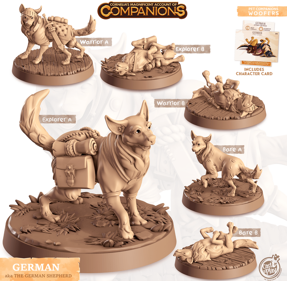 3D Printed Cast n Play German - German Shepherd Companions 28mm 32mm D&D - Charming Terrain