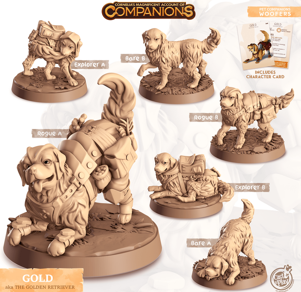 3D Printed Cast n Play Gold - Golden Retriever Companions 28mm 32mm D&D - Charming Terrain