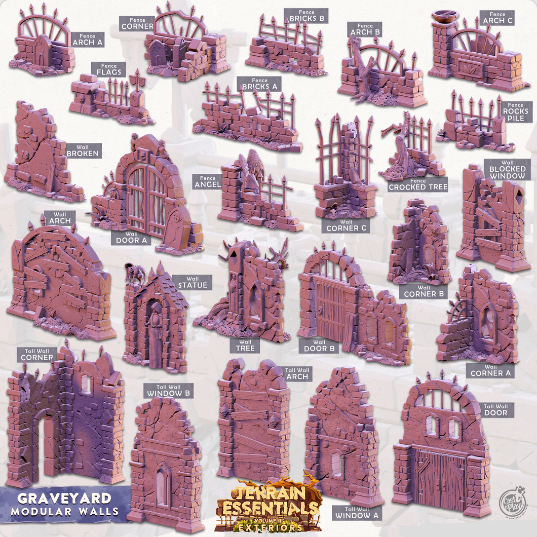 3D Printed Cast n Play Graveyard - Modular Walls Graveyard Set 28mm 32mm D&D - Charming Terrain