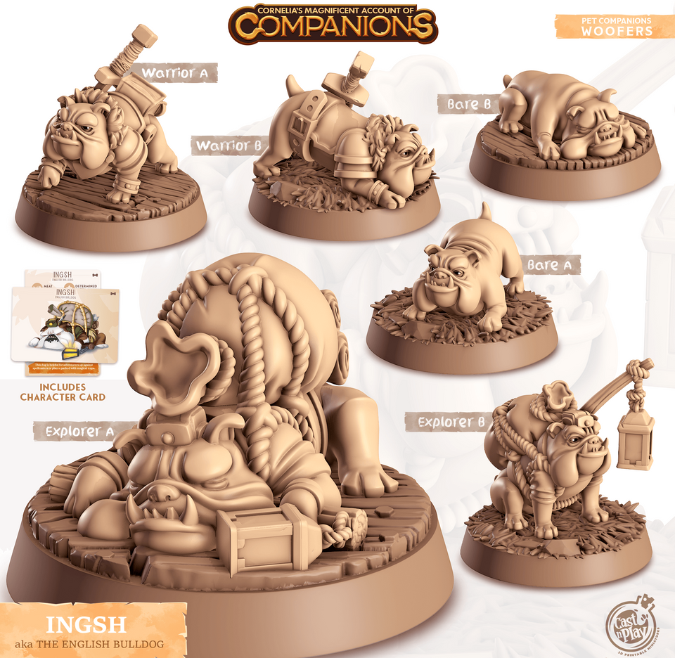 3D Printed Cast n Play Ingsh - English Bulldog Companions 28mm 32mm D&D - Charming Terrain