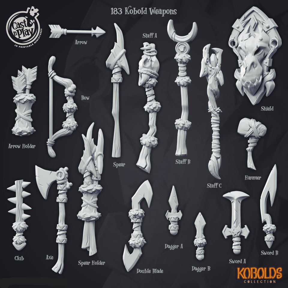 3D Printed Cast n Play Kobolds Collection - Kobold Weapons 28mm 32mm D&D - Charming Terrain