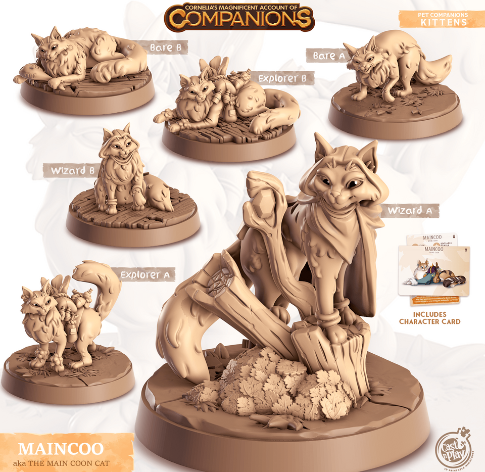 3D Printed Cast n Play Maincoo - Main Coon Cat Companions 28mm 32mm D&D - Charming Terrain