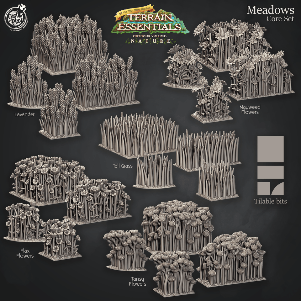 3D Printed Cast n Play Terrain Essentials Nature Meadows & Countryside Terrain - Meadows Core Set 28mm 32mm D&D - Charming Terrain