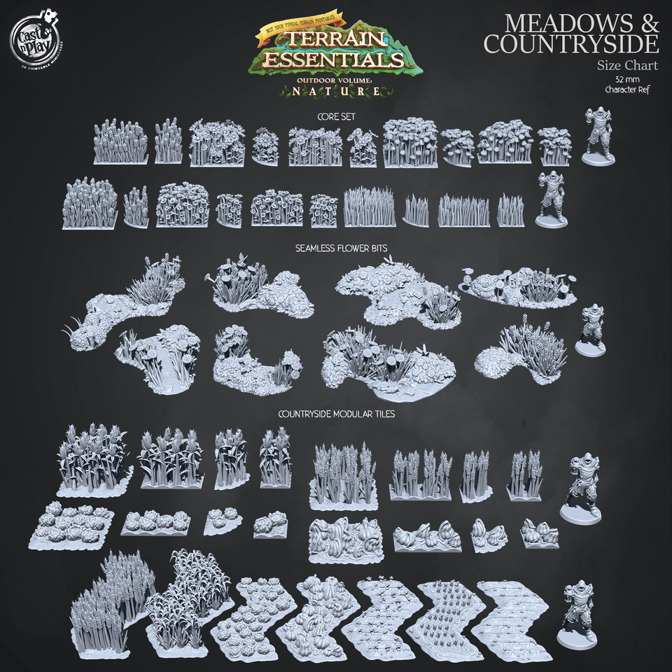 3D Printed Cast n Play Terrain Essentials Nature Meadows & Countryside Terrain - Meadows Core Set 28mm 32mm D&D - Charming Terrain