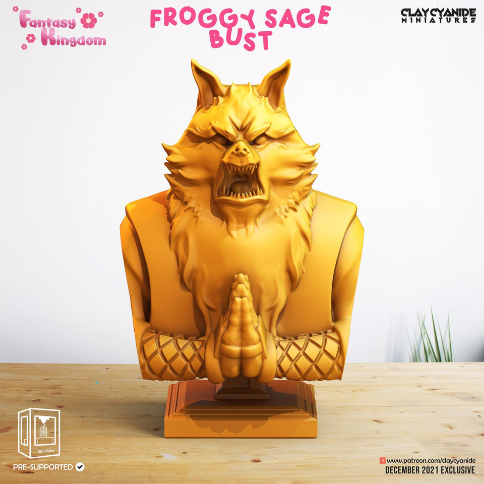 3D Printed Clay Cyanide Fantasy Kingdom - Froggy Sage Bust 28mm 32mm D&D - Charming Terrain