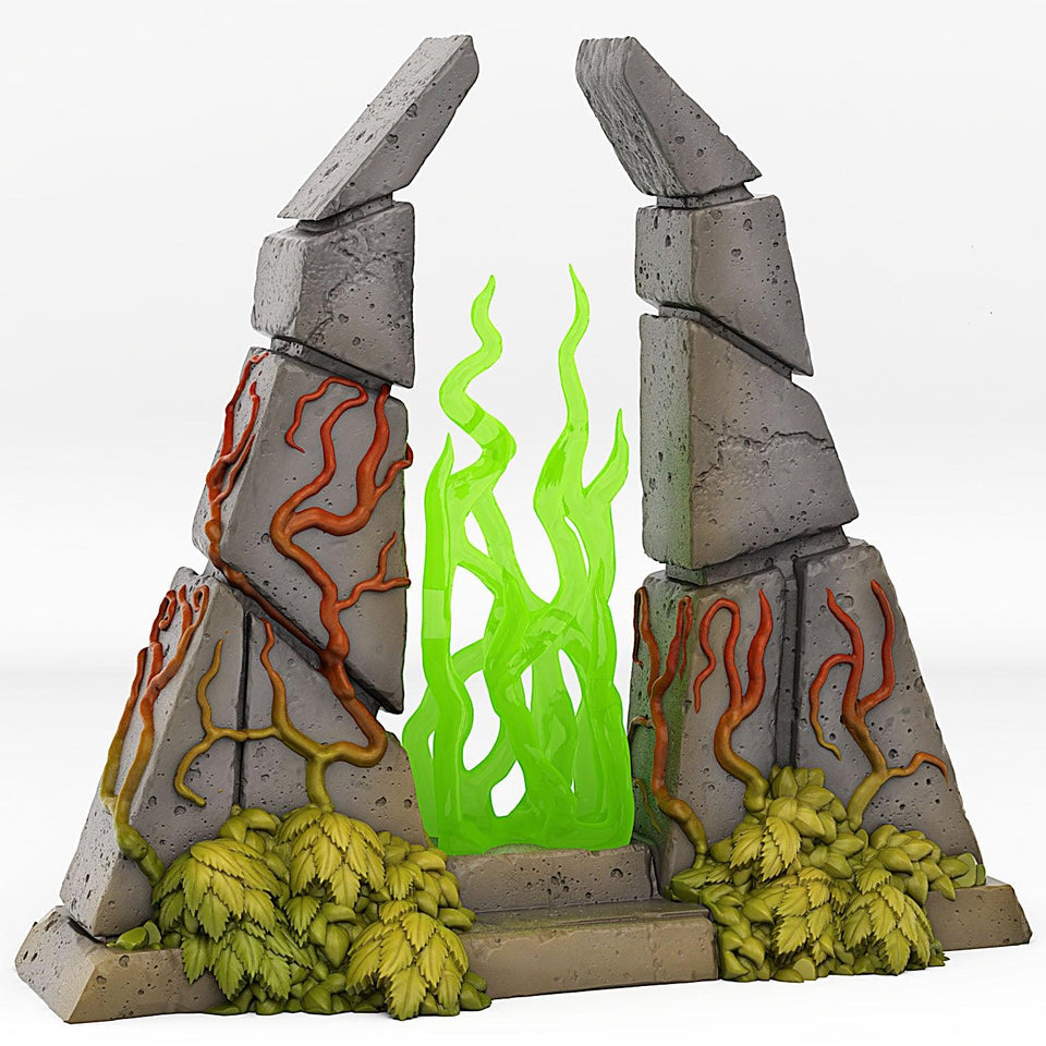 3D Printed Fantastic Plants and Rocks Temple Portal With Its Green Fire Effect 28mm - 32mm D&D Wargaming - Charming Terrain