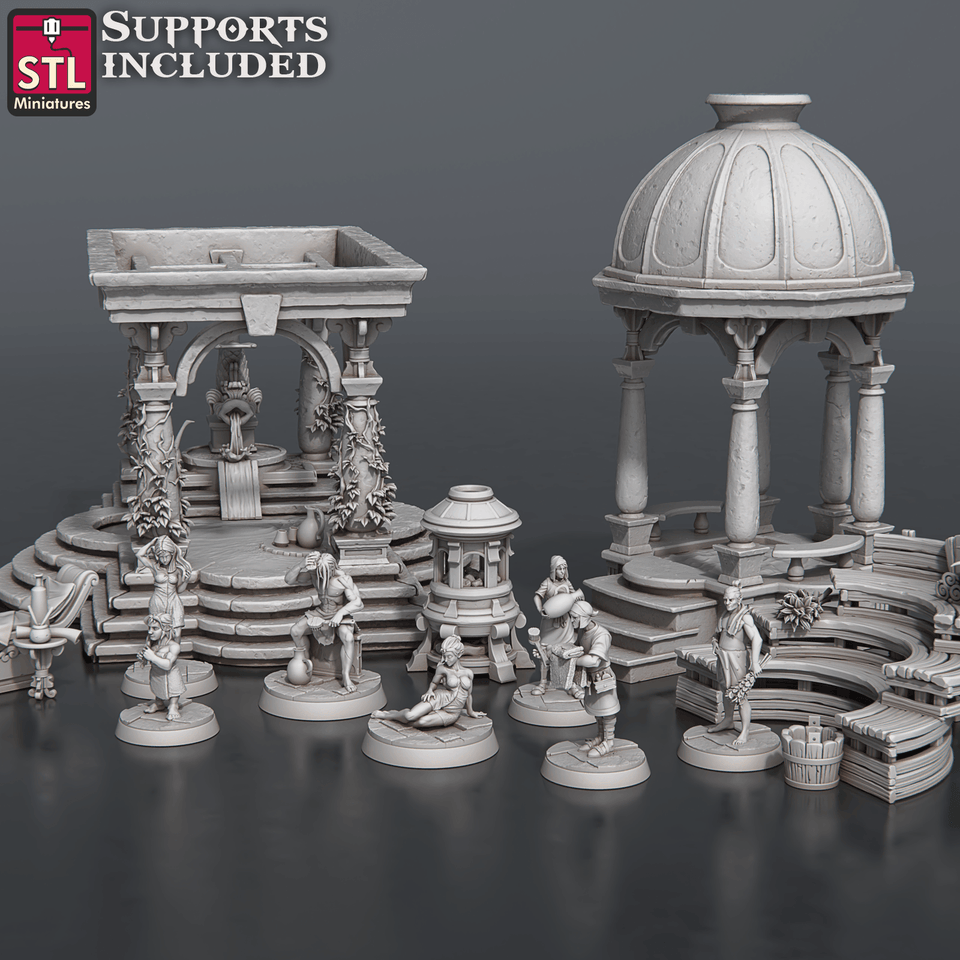 3D Printed STL Miniatures Bath House Set 28 - 32mm War Gaming D&D - Charming Terrain