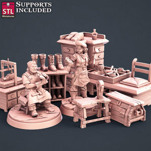 3D Printed STL Miniatures Shoemakers Set 28 - 32mm War Gaming D&D - Charming Terrain