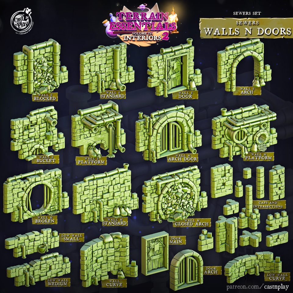 3D Printed Cast n Play Sewers Walls and Doors Set 28mm 32mm D&D