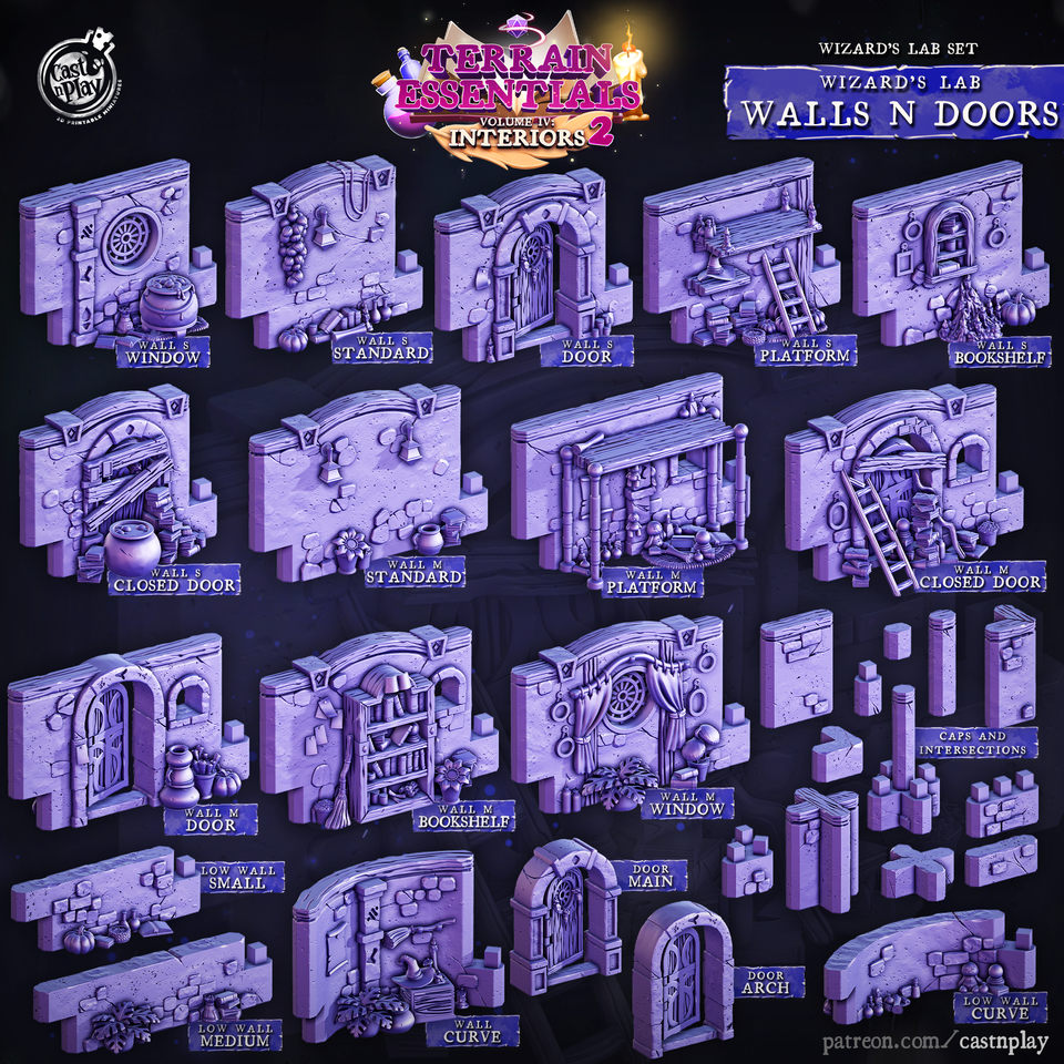 3D Printed Cast n Play Wizard's Lab Walls and Doors Set 28mm 32mm D&D