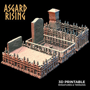 3D Printed Asgard Rising Cemetery Graves with Fence Set 28mm-32mm Ragnarok D&D - Charming Terrain