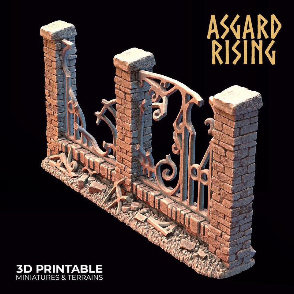 3D Printed Asgard Rising Cemetery Iron Wall Gate Set B 28mm-32mm Ragnarok D&D - Charming Terrain