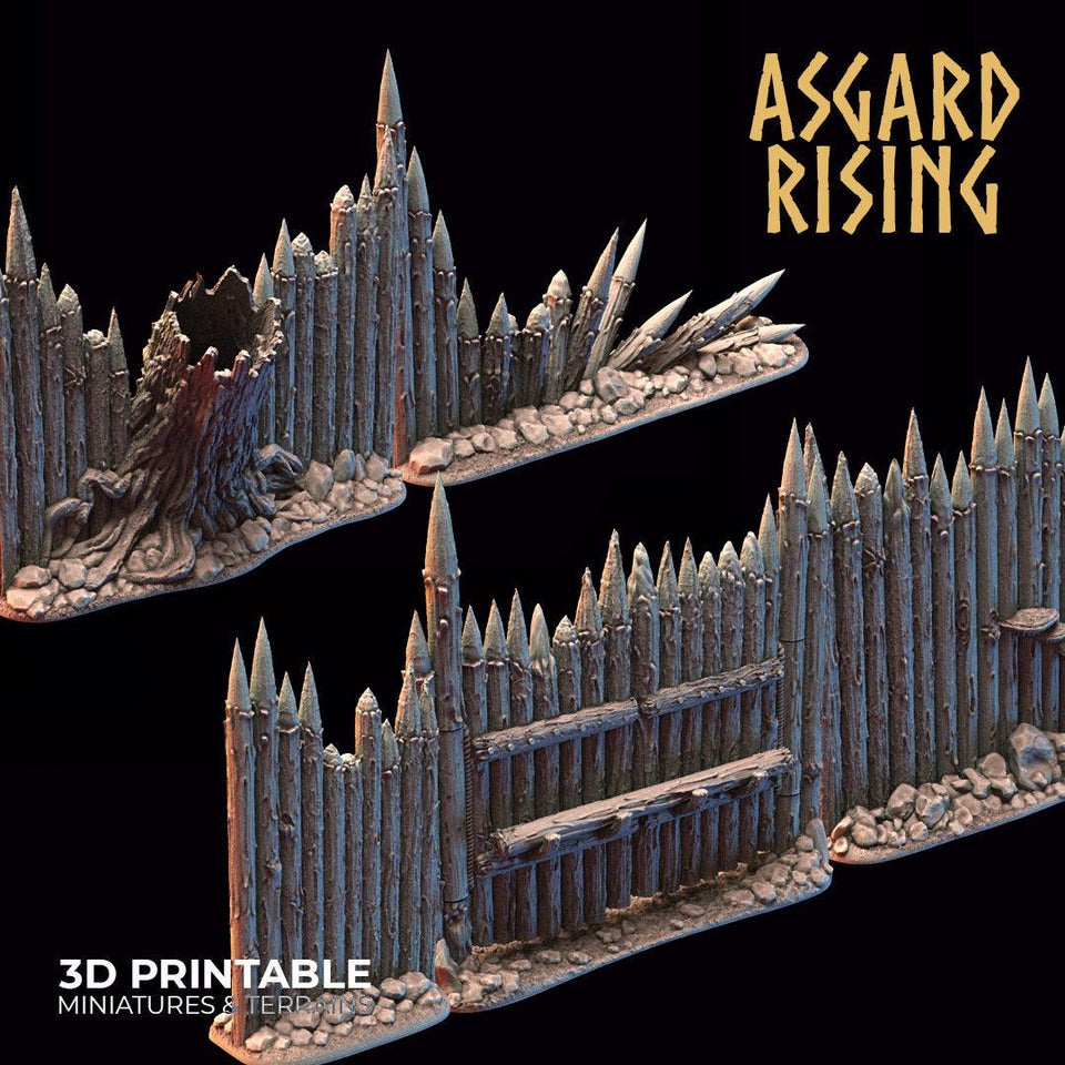 3D Printed Asgard Rising Fortified Village - Palisade Wall Modular Set 28mm - 32mm Ragnarok D&D - Charming Terrain