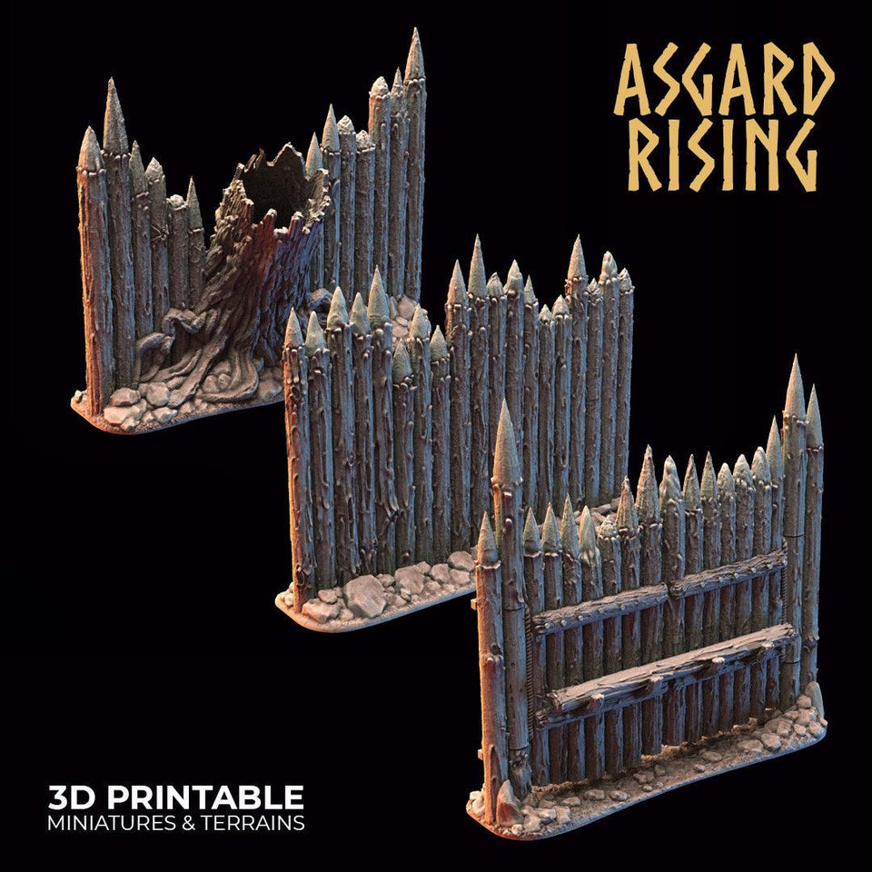 3D Printed Asgard Rising Fortified Village - Palisade Wall Modular Set 28mm - 32mm Ragnarok D&D - Charming Terrain