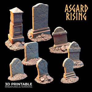 3D Printed Asgard Rising Gravestone and Tombstone Set 28mm-32mm Ragnarok D&D - Charming Terrain