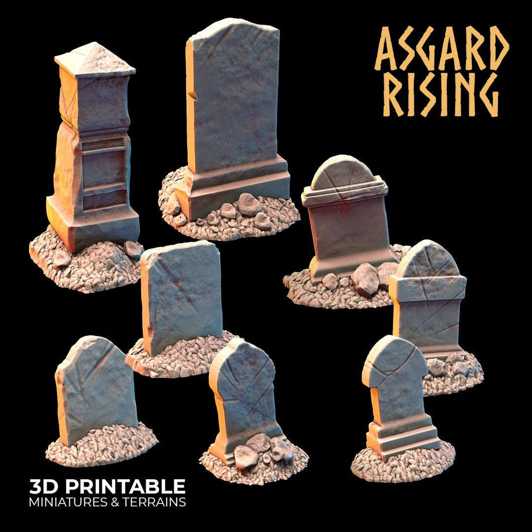 3D Printed Asgard Rising Gravestone and Tombstone Set 28mm-32mm Ragnarok D&D - Charming Terrain