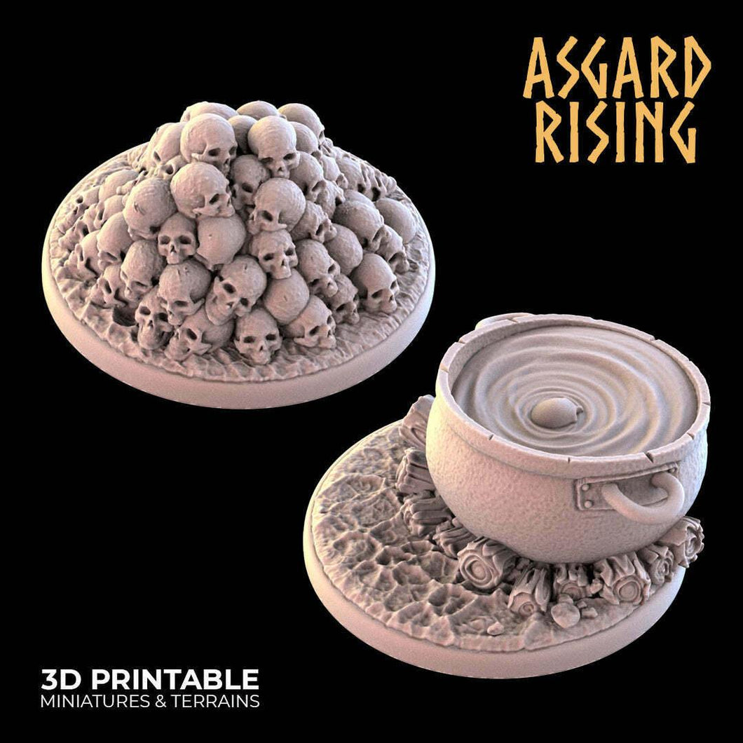 3D Printed Asgard Rising Skulls and Cauldron Camp Round Base Set 28mm - 32mm Ragnarok D&D - Charming Terrain