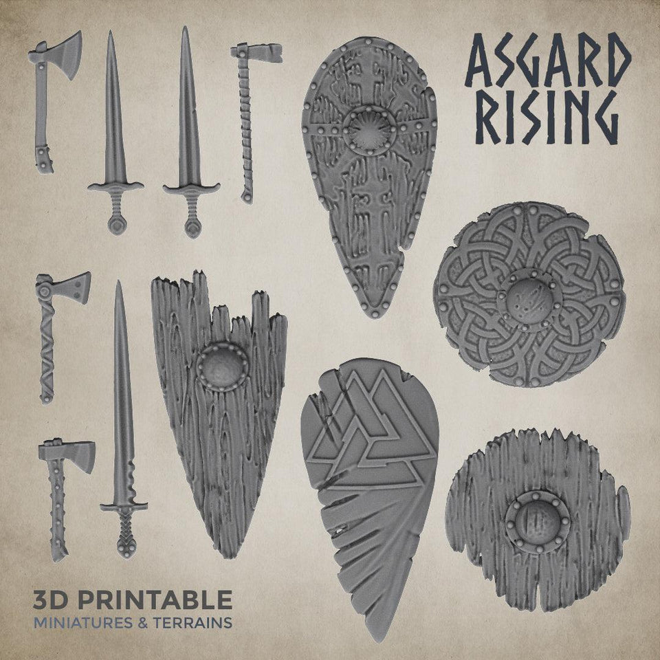 3D Printed Asgard Rising Sword and Shield Weapon Set 6 - 32mm D&D - Charming Terrain