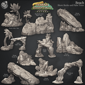 3D Printed Cast n Play Beach Shore Rocks w Palm Trees Terrain Essentials Nature 28mm 32mm D&D - Charming Terrain