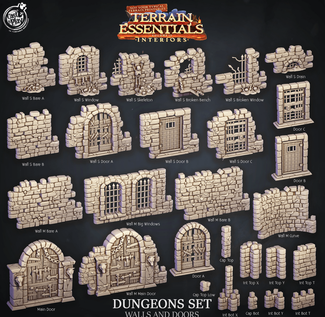 3D Printed Cast n Play Dungeons Walls and Doors Terrain Essentials 28mm 32mm D&D - Charming Terrain