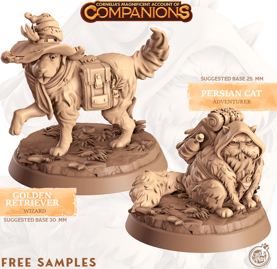 3D Printed Cast n Play Golden Retriever and Persian Cat Cornelia's Companions 28mm 32mm D&D - Charming Terrain