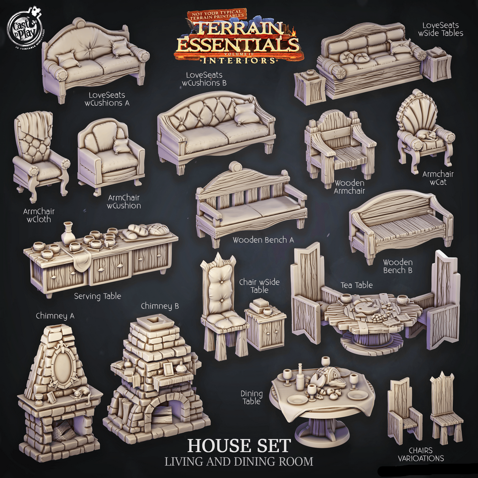 3D Printed Cast n Play House Set Bedroom Terrain Essentials 28mm 32mm D&D - Charming Terrain