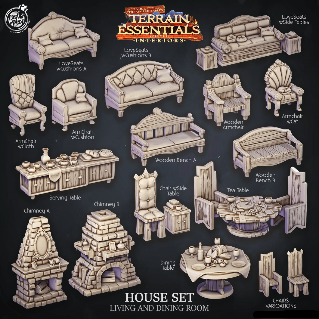 3D Printed Cast n Play House Set Living and Dining Room Terrain Essentials 28mm 32mm D&D - Charming Terrain