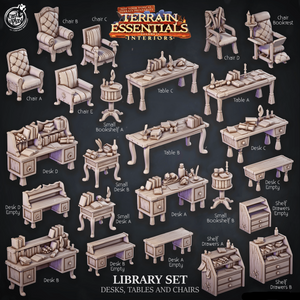 3D Printed Cast n Play Library Desks Tables and Chairs Terrain Essentials 28mm 32mm D&D - Charming Terrain