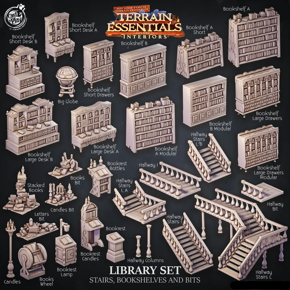 3D Printed Cast n Play Library Stairs, Bookshelves and Bits Terrain Essentials 28mm 32mm D&D - Charming Terrain