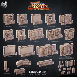 3D Printed Cast n Play Library Walls and Doors Terrain Essentials 28mm 32mm D&D - Charming Terrain