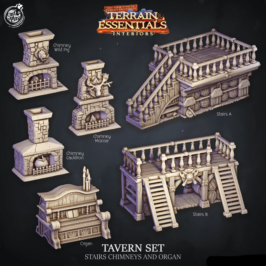 3D Printed Cast n Play Tavern Stairs Chimney and Organ Terrain Essentials 28mm 32mm D&D - Charming Terrain