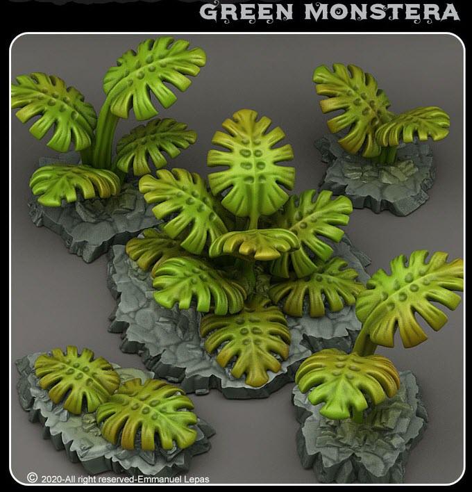 3D Printed Fantastic Plants and Rocks Green Monstera 28mm - 32mm D&D Wargaming - Charming Terrain