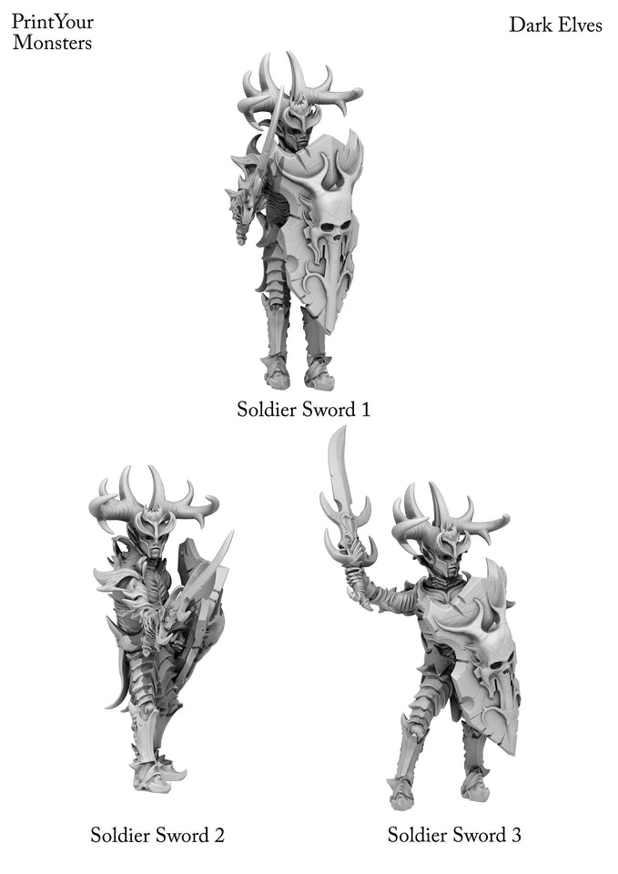 3D Printed Print Your Monsters Dark Elves Sword Soldiers Set 28mm - 32mm D&D Wargaming - Charming Terrain