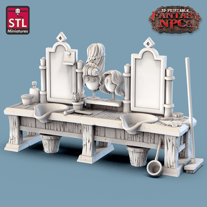 3D Printed STL Miniatures Barber Shop Set Fantasy NPC 28mm - 32mm War Gaming D&D - Charming Terrain