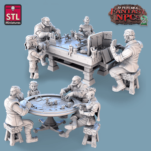 3D Printed STL Miniatures Card Players Set Fantasy NPC 2 | 28 - 32mm War Gaming D&D - Charming Terrain