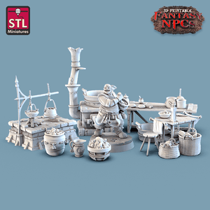 3D Printed STL Miniatures Cook Set Fantasy NPC 28mm - 32mm War Gaming D&D - Charming Terrain