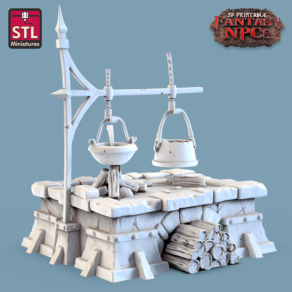 3D Printed STL Miniatures Cook Set Fantasy NPC 28mm - 32mm War Gaming D&D - Charming Terrain