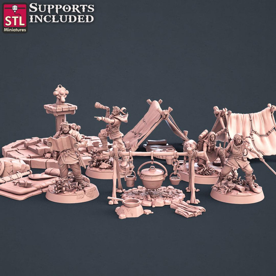 3D Printed STL Miniatures Explorers Set Fantasy NPC 2 | 28 - 32mm War Gaming D&D - Charming Terrain