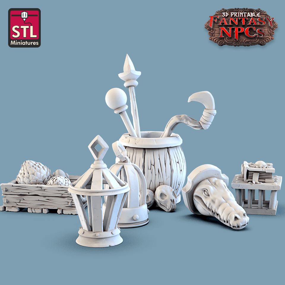 3D Printed STL Miniatures Magic Item Vendor Set Fantasy NPC 28mm - 32mm War Gaming D&D - Charming Terrain
