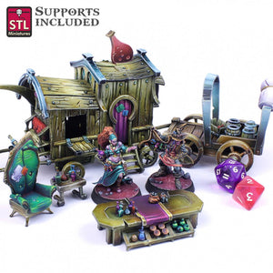 3D Printed STL Miniatures Potion Vendor Set 28mm - 32mm War Gaming D&D - Charming Terrain