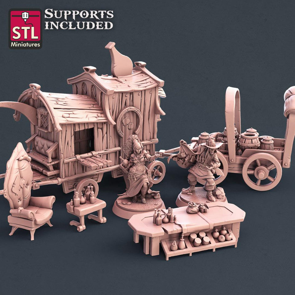 3D Printed STL Miniatures Potion Vendor Set 28mm - 32mm War Gaming D&D - Charming Terrain